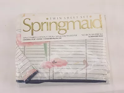 New Vintage Springmaid Twin Bed Sheet Set Flat Fitted Pillowcase Pink Art Deco • $16.99