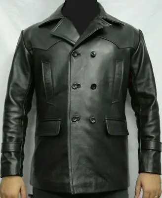 WW2 German Submarine Kriegsmarine Pea Coat Men's Real Leather Retro Black Jacket • $132