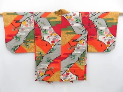 3927T11z400 Vintage Japanese Kimono Silk MEISEN HAORI Flower Orangered • $48