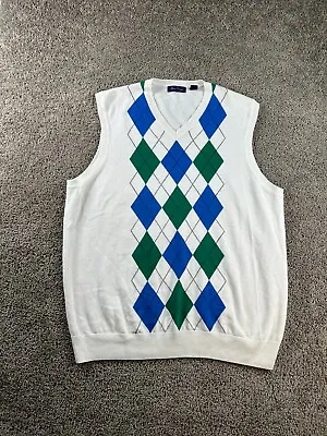Alan Flusser Vest Mens XXL 2XL White Blue Argyle Cotton V Neck Sweater • $13.99