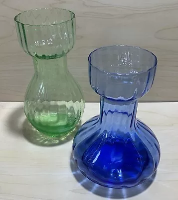 Vintage Art Blown Optic Glass Hyacinth Vases Set Of 2 Blue Green • $31.50