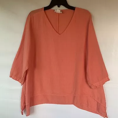 La Fixsun Womans 3/4 Sleeve Layer Look 100% Linen Top Peach Size Small V Neck • $34.98