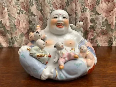 Vintage Ceramic Laughing Buddha With Five Children Feng Shui Figurine • £45