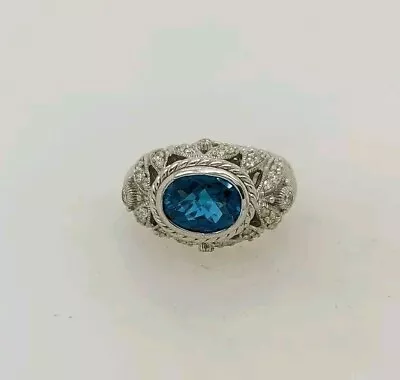 Judith Ripka Sterling Silver Blue Topaz White Cubic Zirconia Ring Size 7.25 • $35