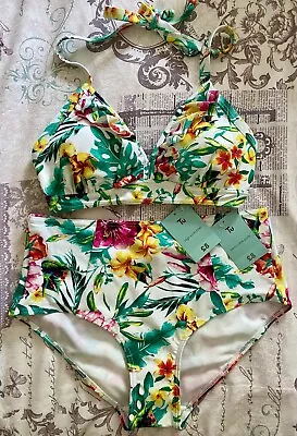 Tu White Tropical Floral Halterneck Bikini / Vintage Style Swimwear BNWT Size 10 • £8.99