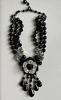 Vintage 1950's Miriam Haskell Black Glass Bead & Crystal Flower Necklace • $349.99
