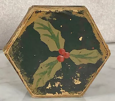 Vintage Folk Art Hand Painted Christmas Holly Cardboard Box. • $39.95