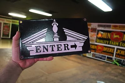 Enter With Arrow Hotel  Porcelain Metal Sign Gas Oil Motel Factory Ford Chevy 66 • $65