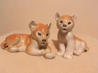 Pair Of Lomonosov Tan Cute Lion Cubs USSR Porcelain Ornaments Figurines • £6.99