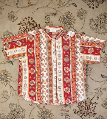 VTG 90s Victoria Jones Multicolor Aztec Geometric Short Sleeve Button Up Shirt L • $19.99