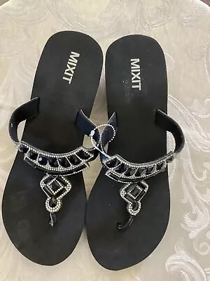 NWOT Mixit Womens Black Rhinestone Platform Wedge Sandal Flip Flops Size 10. • $19.25