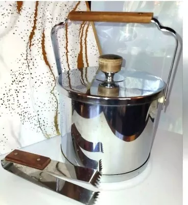 Vintage Pristine Atapco Shiny Chrome Wood Handle/Top Ice Bucket W/Tongs USA '60s • $89.99