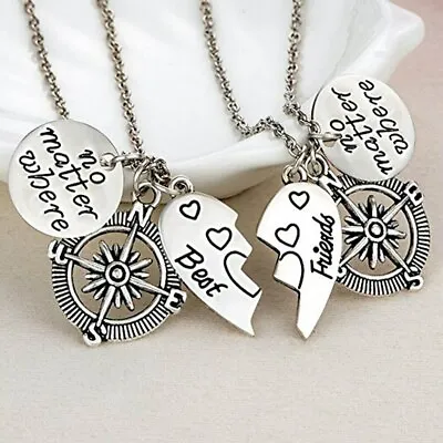 £4.05 • Buy 2PC Heart No Matter Where Best Friends Compass Friendship Pendant Necklace BFF