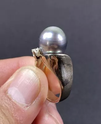 Gorgeous 14K Yellow Gold Gray 11mm Tahitian Pearl With 0.12ct Diamond Ring • £674.64