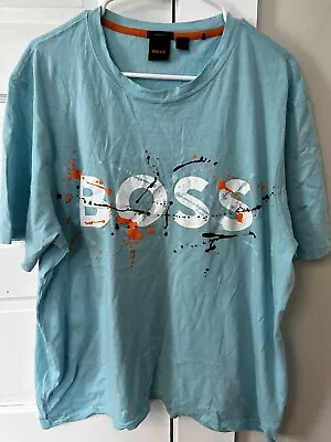 HUGO BOSS Cotton T-Shirt LOGO ARTWORK Blue XXL Preshrunk Fits Like XL🏌️🏆 • $23