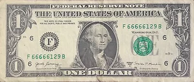 Fancy Serial Number 1 Dollar Bill 5 In A Row 6s F666666129B Federal Reserve Note • $14.99