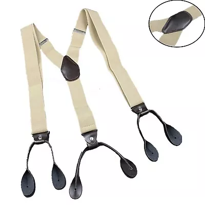 Button Holes Link Men's Suspenders Beige Fully Elastic 24 -43  Adjustable Length • $5.29