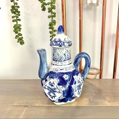 Vintage Cobalt Blue White Floral Asian Oriental Geometric Ceramic Teapot • $30.60