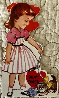 Unused Valentine Girl Cat Kitten Leash Tease Vintage Greeting Card 1940s 1950s • $4.43