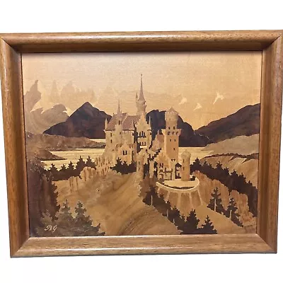 Vintage Buchschmid Gretaux Neuschwanstein Castle Wood Marquetry Picture Germany • $184.99