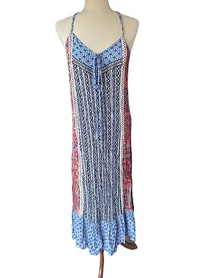 Meghan Los Angeles Boho Maxi Sun Dress Red Blue Medium Patchwork Hippie • $20