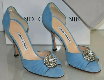 $895 NEW Manolo Blahnik SEDARABY 105  Blue CRYSTAL JEWELED Shoes Wedding Pump 40 • $550