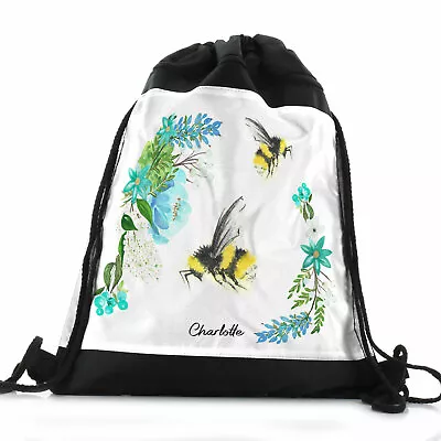 Personalised Bag Custom Name Floral Bee Flower Garden Black Drawstring Backpack • £11.99