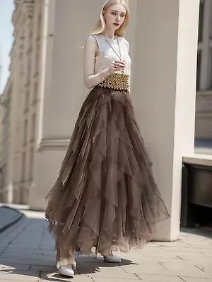Women Ruffle Tulle Mesh Tutu Maxi Skirt High Waist Sheer Mesh Pleated Long Dress • $17.78