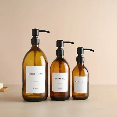 £8.99 • Buy Amber Glass Labelled Bottle With Matte Black Dispenser Pump For Soap/Shampoo