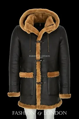 Men's Sheepskin Duffle Coat Brown Fur Hooded Natural Shearling Fur Winters Coat • $493.26