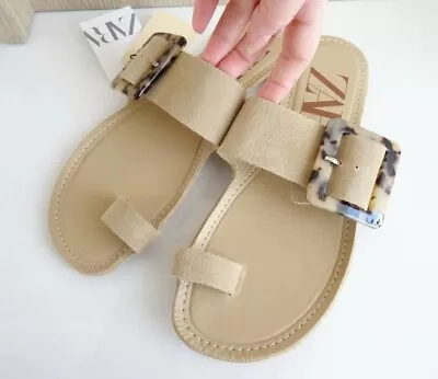 Zara Sand Beige Split Leather Flat Sandals With Tortoiseshell Buckle Size 9(40) • $59.99