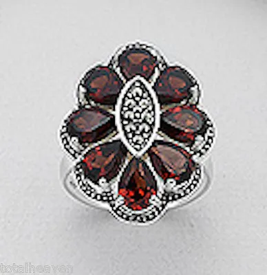 7g Solid Sterling Silver Red Garnet Swiss Marcasite 1  Flower Cocktail Ring Sz8 • $135