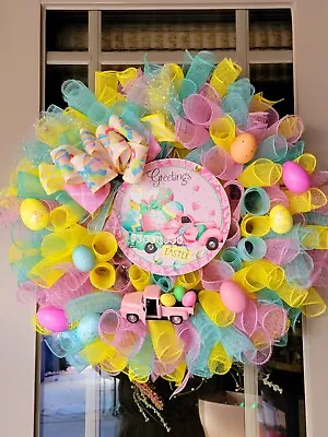 Easter Spring Deco Mesh Wreath Eggs Galore Die Cast Pick Up Truck Handmade • $54