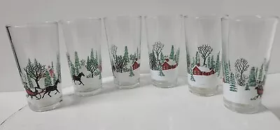 Vintage Winter Snow Red Log Cabin Sleigh Christmas Glasses Set Of 6 • $29.99