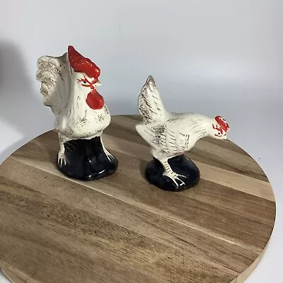Ceramic Hen And Rooster Figurines Vintage Red White Gold 2.5” 4” • $10