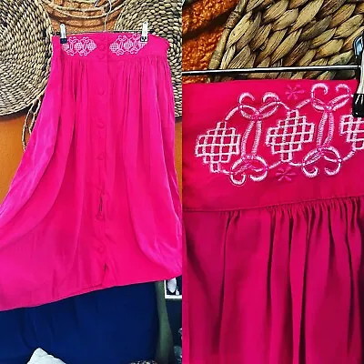 💕 VINTAGE 1970’s Boho MEXICAN EMBROIDERED BRIGHT PINK MIDI COTTON SKIRT 2XL • $46.24