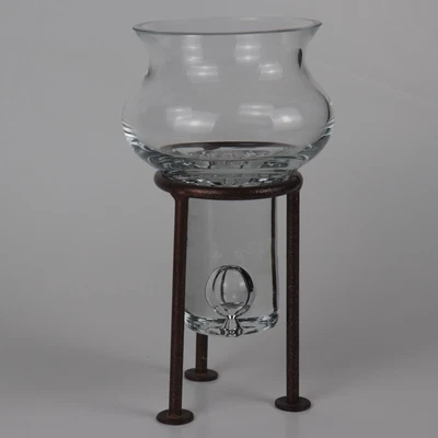 $14.95 • Buy 9.5  Hand-Blown Heavy Weighted Glass Vase / Candle Holder In Wrought Iron Stand