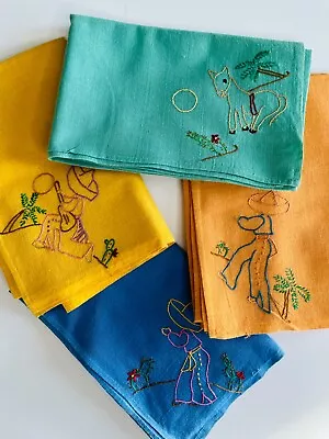 Vtg 50's 4pc Mexican Theme Hand Embroidered Trim Kitchen Tea Towels Linen Blend • $27.99