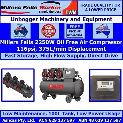 Millers Falls 2250W 3HP 100 Litre Oil-Free Air Compressor Low Maintenance Quiet • $938