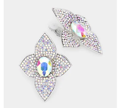 2” Stud AB Clear Aurora Borealis Crystal SILVER Pageant Bridal Earrings Clip Ons • $15