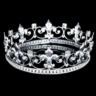 Men's Silver Fleur De Lis Rhinestones Crystal 2.25  Tall Full King Crown 81031 • $30.99