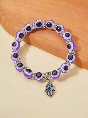 Purple Evil Eye Detail Hamsa Hand Charm Beaded Bracelet For Women Crafted • $6.32