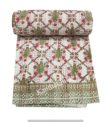 King Size Kantha Quilt Indian Hand Block Print Bedspread Blanket Cotton Coverlet • £20.88