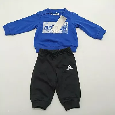 Adidas Baby Tracksuit Royal Blue Sweatshirt Black Joggers Suit Outfit 0-3M NWT • £14.99