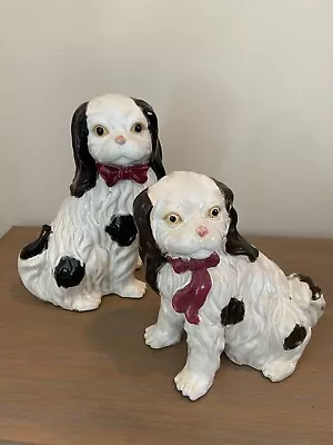 Vintage Dog Statues Black & White Spaniels Rustic Decor Majolica Style • $35