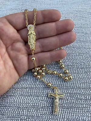 Rosary Beads Necklace 14k Gold Plated Real 925 Silver Rosario Jesus Cross CZ Icy • $139.31