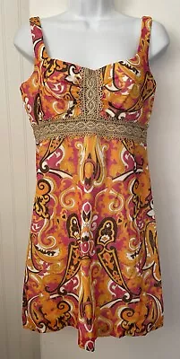 Milly Orange Pink Print Gold Lace Sleeveless Cocktail Dress Sz 8 • $19.99