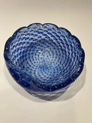 Art Glass Bowl Cobalt Blue Murano Style W Scalloped Rolled Edge Silver Flecks  • $30