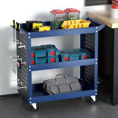 Giantz 3-Tier Tool Cart Storage Trolley Workshop Garage Pegboard Hooks Blue • $82.28