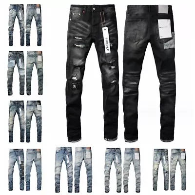 2024 New Purple Brand Fashion Men Black Jeans Distressed Hole Unique Personality • $75.09